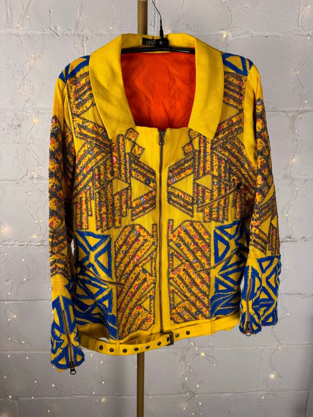 Almirah Women’s M Yellow Embroidered Floral Moto Jacket 100% Cotton